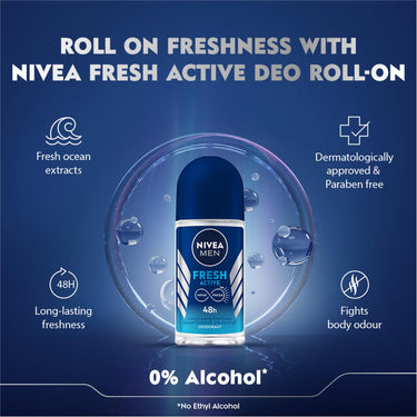 NIVEA MEN Fresh Active 50ml Deo Roll On | With Fresh Ocean Extracts| 72 H Freshness| 0% Alcohol | Dermatologically Approved & Paraben Free Formula (Pack of 3)